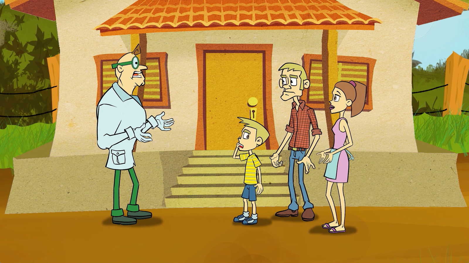 Cena de vídeo animado com família e personagem